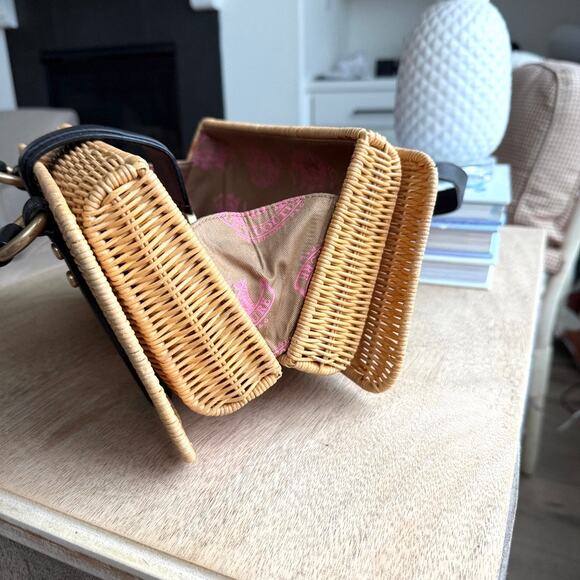 VTG Juicy Couture Rattan Basket Satchel Heart Lock Leather Trim Pink Lining Y2K - Picture 7 of 12